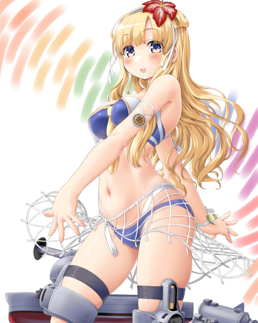 1girl bikini blonde_hair blue_bikini breasts cargo_net cleavage cowboy_shot dd_(ijigendd) double_bun fletcher_(kancolle) fletcher_mk_ii_(kancolle) hair_bun hair_ornament hairband highres kantai_collection large_breasts long_hair looking_at_viewer machinery solo swimsuit white_background