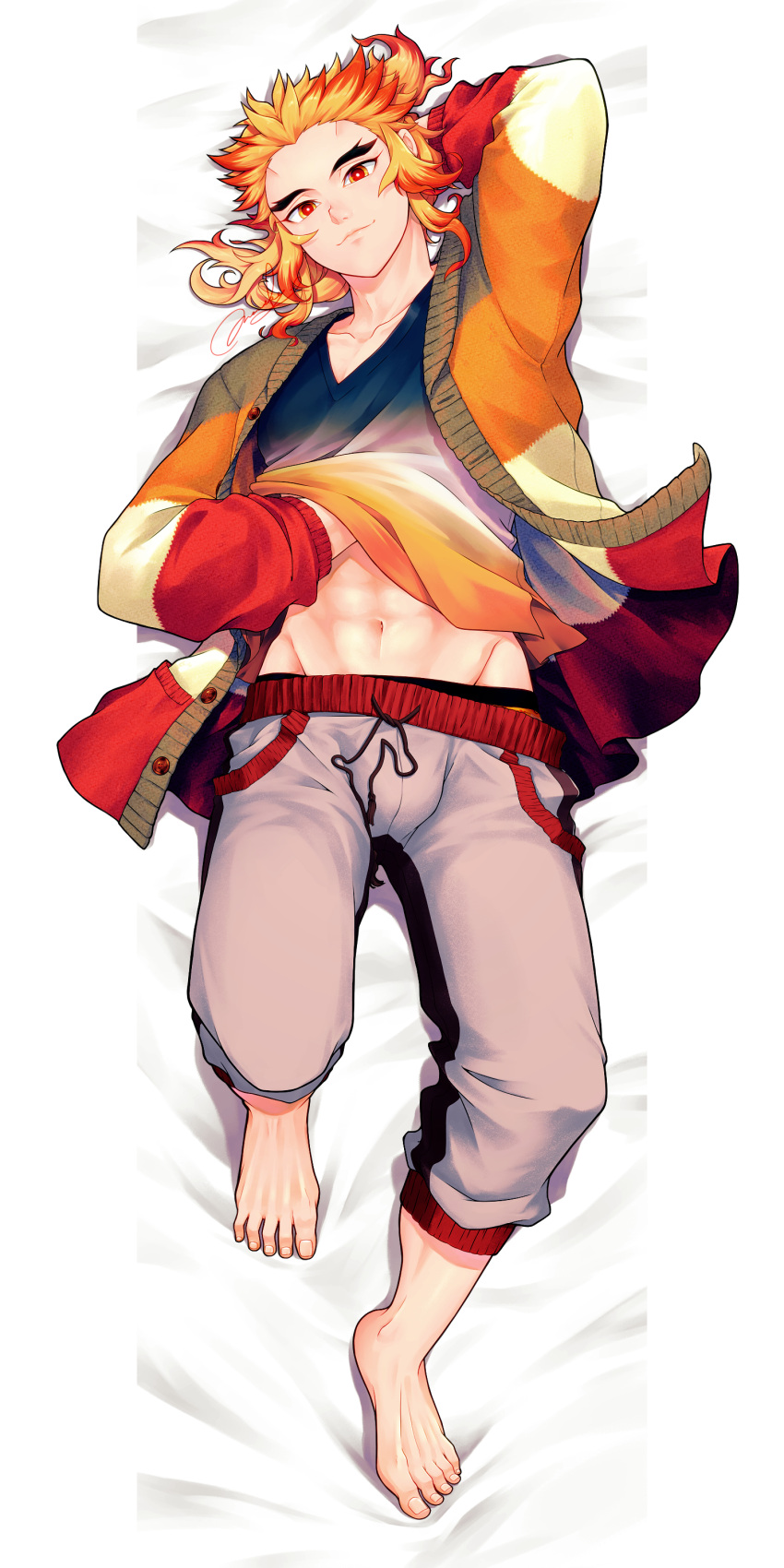 1boy absurdres barefoot closed_mouth clothes_lift dakimakura_(medium) feet forked_eyebrows grey_pants highres jacket kimetsu_no_yaiba long_hair long_sleeves male_focus male_underwear mamimume_momo midriff multicolored_clothes multicolored_hair multicolored_jacket multicolored_shirt navel non-web_source orange_hair pants red_hair rengoku_kyoujurou shirt shirt_lift smile solo stomach sweatpants t-shirt toes two-tone_hair underwear