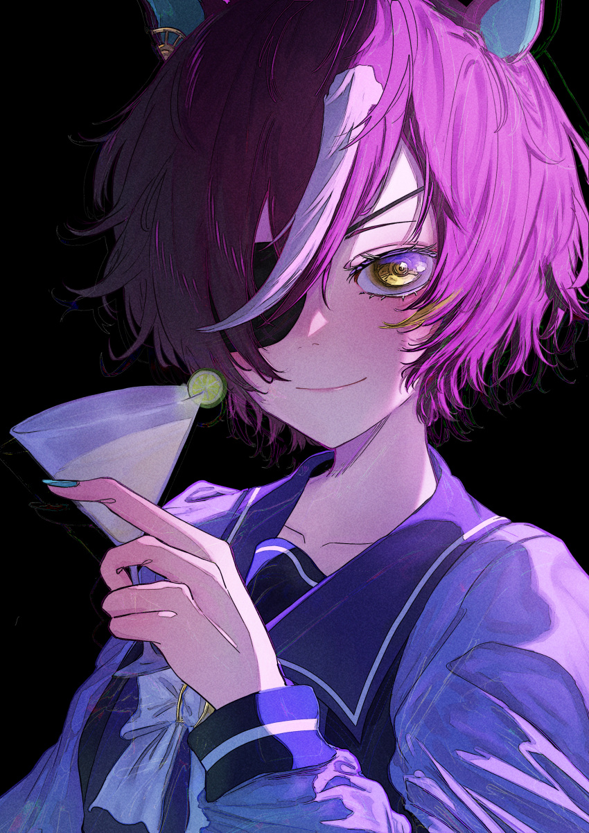 1girl absurdres animal_ears black_background bow bowtie cocktail cocktail_glass commentary cup drinking_glass eyepatch hair_over_one_eye highres holding holding_cup horse_ears horse_girl long_sleeves looking_at_viewer multicolored_hair name_connection object_namesake purple_eyes purple_serafuku purple_shirt s/t_(mineral_666) sailor_collar sailor_shirt school_uniform serafuku shirt short_hair simple_background smile solo streaked_hair tanino_gimlet_(umamusume) tracen_school_uniform umamusume white_bow white_bowtie white_hair yellow_eyes