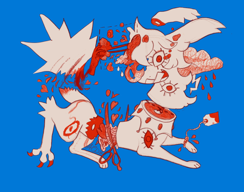 abstract_art absurd_res acyceedee albino ambiguous_gender blood bodily_fluids bright_colors cloud eeveelution feet feral gashamon_(artist) generation_2_pokemon gore gore_focus hi_res huge_filesize nintendo pokemon pokemon_(species) rain_cloud raining scissors solo spread_toes thunder toes umbreon