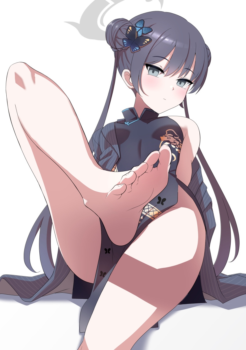1girl barefoot black_dress black_hair black_jacket blue_archive blush breasts butterfly_hair_ornament china_dress chinese_clothes closed_mouth commentary_request double_bun dragon_print dress feet foot_focus foot_out_of_frame foreshortening grey_eyes hair_bun hair_ornament halo highres impossible_clothes impossible_dress jacket karikura_(atatata71) kisaki_(blue_archive) knee_up leaning_back long_sleeves looking_at_viewer off_shoulder pelvic_curtain pinstripe_jacket pinstripe_pattern print_dress shadow side_slit sidelocks sitting sleeveless sleeveless_dress small_breasts soles solo striped thighs toenails toes twintails