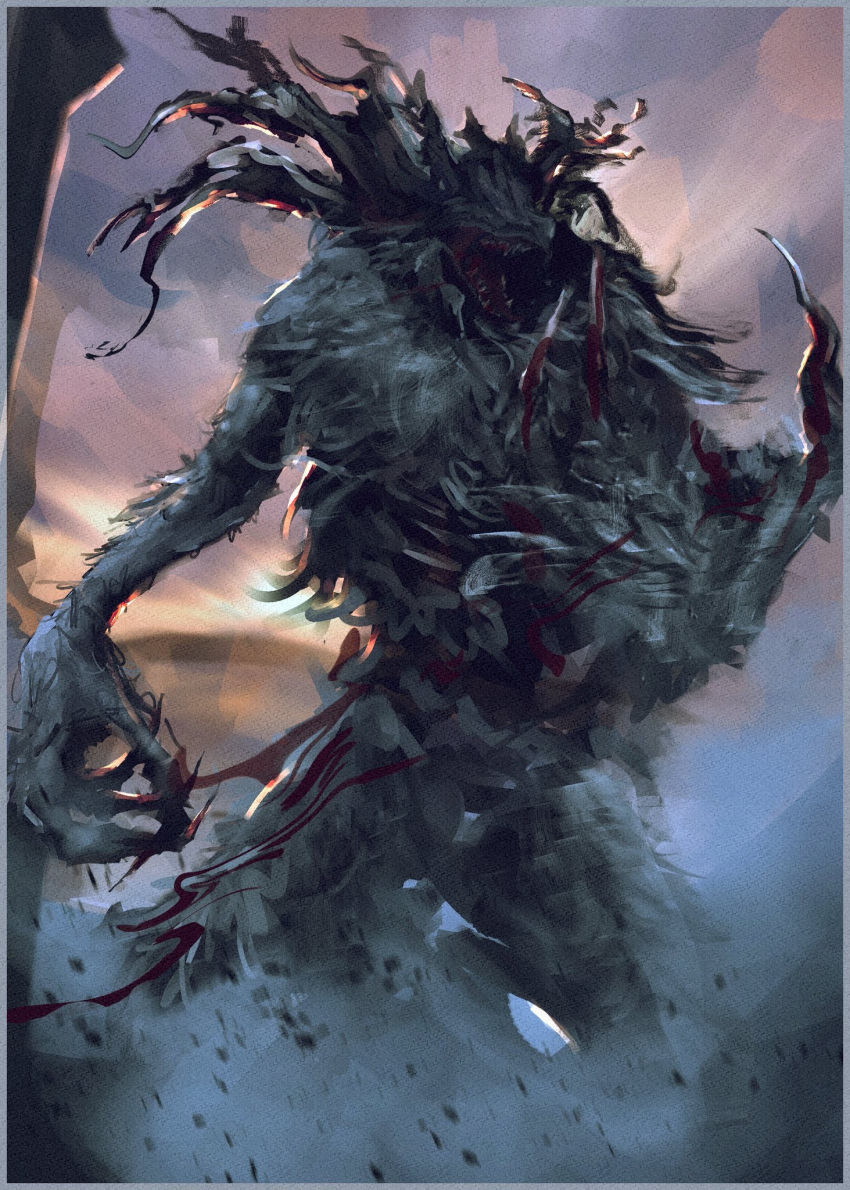 antlers bloodborne border cleric_beast graffitigw grey_border grey_fur highres monster open_mouth outdoors sharp_teeth solo standing sunset teeth