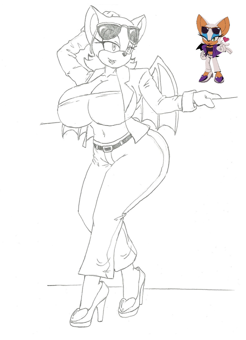 anthro bat big_breasts breasts clothed clothing eyewear female footwear hi_res high_heels huge_breasts krocialblack lipstick makeup mammal membrane_(anatomy) membranous_wings platform_footwear platform_heels rouge_the_bat sega solo sonic_the_hedgehog_(series) sunglasses thick_thighs wings