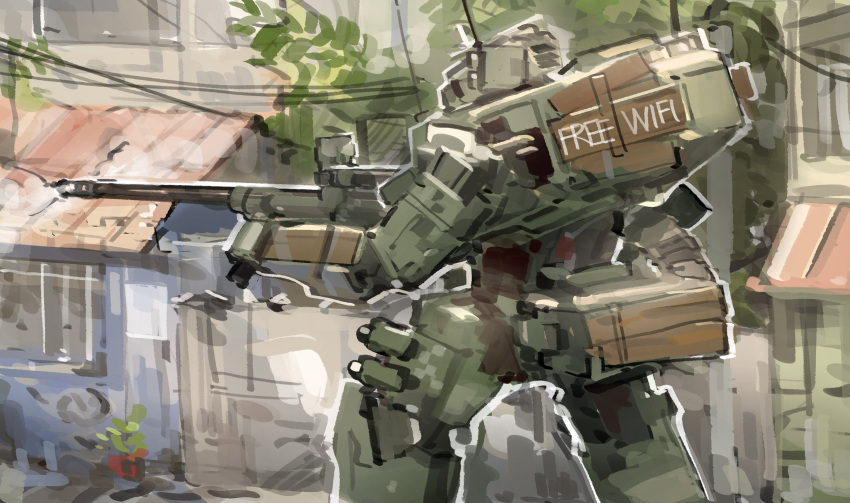 anti-materiel_rifle camouflage_paint cannon english_text gun highres mecha no_humans original plank plant potted_plant radio_antenna rifle robot rooftop sniper_rifle town weapon window wood xerbatt