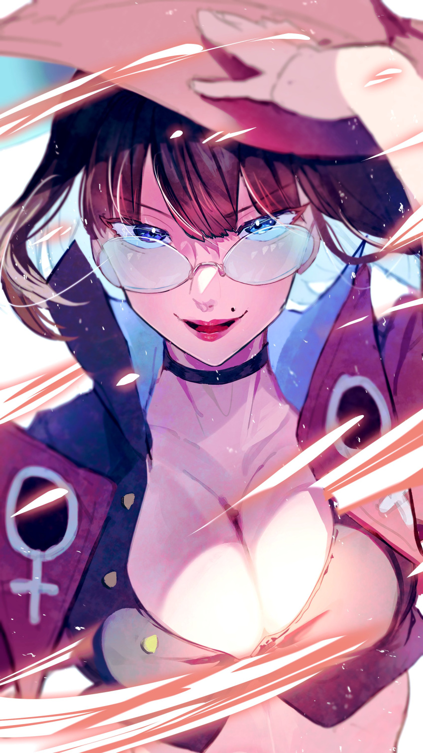 1girl absurdres arere_r black_choker black_hair blue_eyes bob_cut breasts choker cleavage collarbone glasses guilty_gear guilty_gear_strive hat highres i-no jacket large_breasts looking_at_viewer mole mole_above_mouth open_mouth parted_lips red_jacket round_eyewear short_hair solo upper_body witch_hat