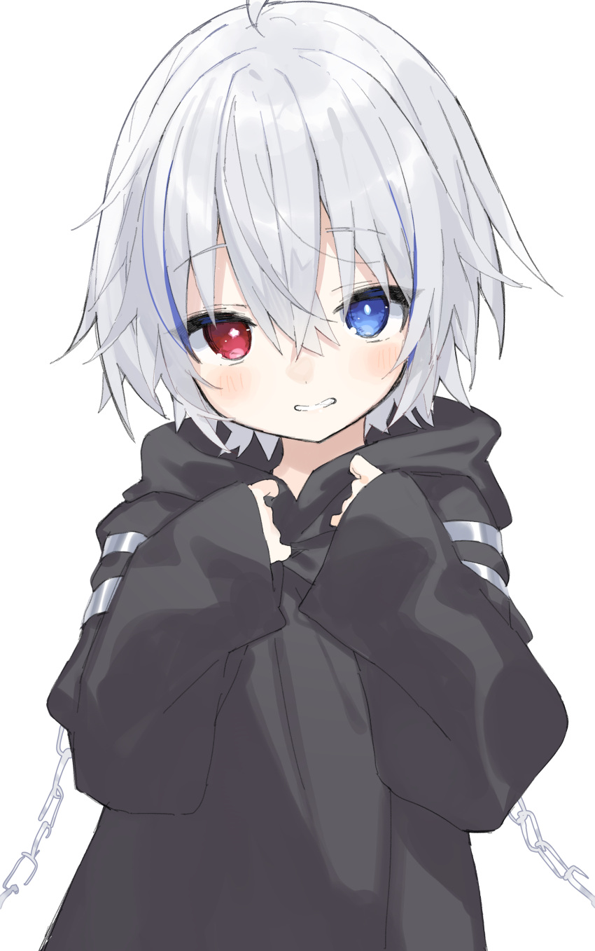 1girl absurdres ahoge arm_strap black_cloak blue_eyes blue_hair blush buran_buta chain cloak clothes_grab crossed_bangs grin hair_between_eyes hands_on_own_chest hands_up heterochromia highres hood indie_virtual_youtuber looking_at_viewer mismatched_pupils multicolored_hair nisha_(vtuber) red_eyes short_hair simple_background sleeves_past_wrists smile solo star-shaped_pupils star_(symbol) streaked_hair symbol-shaped_pupils upper_body virtual_youtuber white_background white_hair
