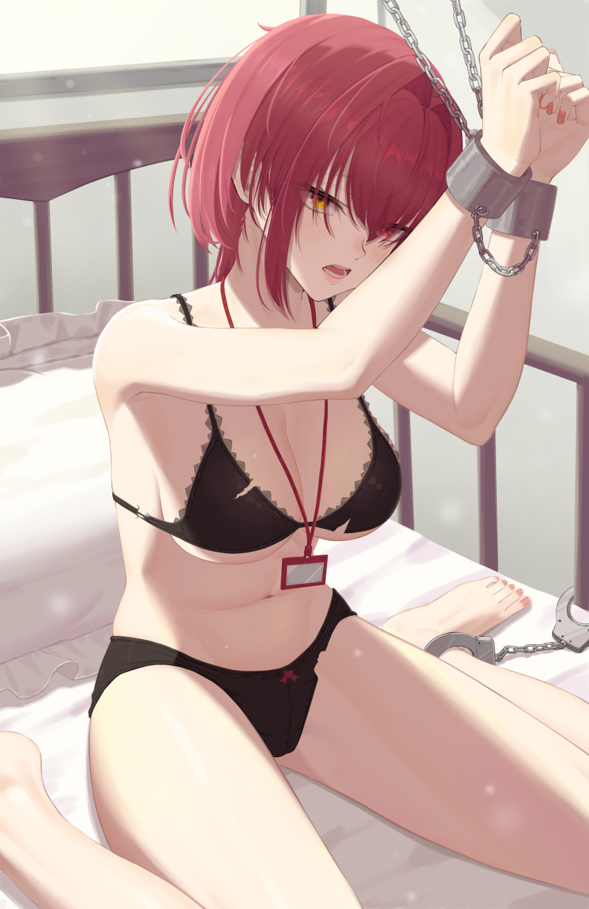 1girl absurdres bangom_r black_bra bra breasts chain chained_wrists commentary_request cuffs handcuffs heterochromia highres hololive houshou_marine lanyard large_breasts navel open_mouth panties pillow red_eyes red_hair shackles short_hair sitting solo stomach thighs torn_bra torn_clothes torn_panties underwear underwear_only virtual_youtuber wariza yellow_eyes