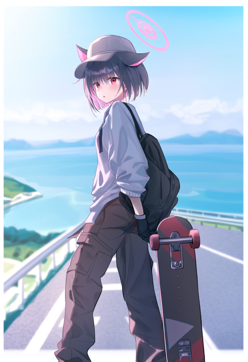 1girl absurdres alternate_costume animal_ears backpack bag beach black_gloves black_hair blue_archive blue_sky blunt_bangs blurry brown_pants cargo_pants casual cat_ears cat_girl cloud cloudy_sky colored_inner_hair commentary_request depth_of_field extra_ears gloves guard_rail halo highres holding holding_skateboard kazusa_(blue_archive) long_sleeves looking_at_viewer mountainous_horizon multicolored_hair ocean outdoors pants parted_lips pocket red_eyes road shirt short_hair sidelocks skateboard sky solo two-tone_hair user_sxaf8777 white_shirt