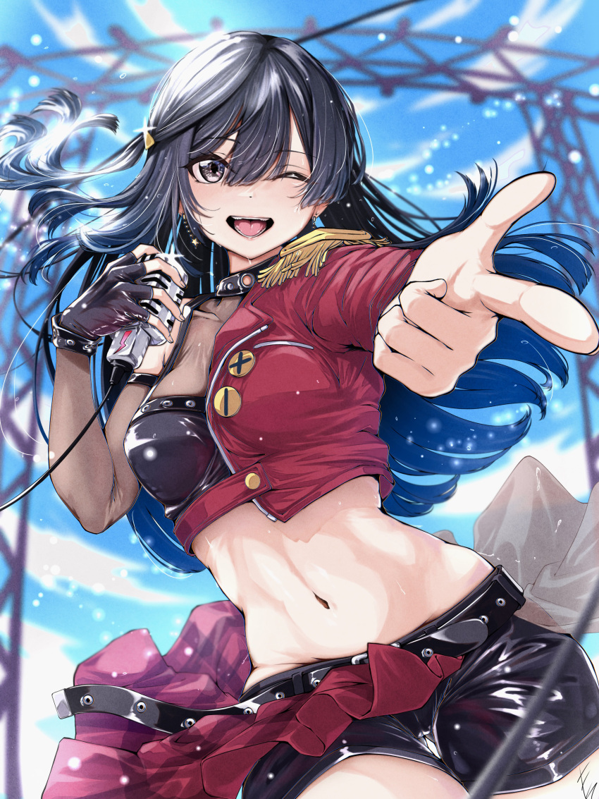1girl absurdres asymmetrical_jacket black_gloves black_hair breasts dive!_(love_live!) earrings endo_yohane fingerless_gloves gloves grey_eyes half-skirt highres holding holding_microphone idol_clothes jewelry large_breasts long_hair looking_at_viewer love_live! love_live!_nijigasaki_high_school_idol_club microphone midriff navel one_side_up single_glove single_sleeve smile solo stage star_(symbol) star_earrings yuuki_setsuna_(love_live!)