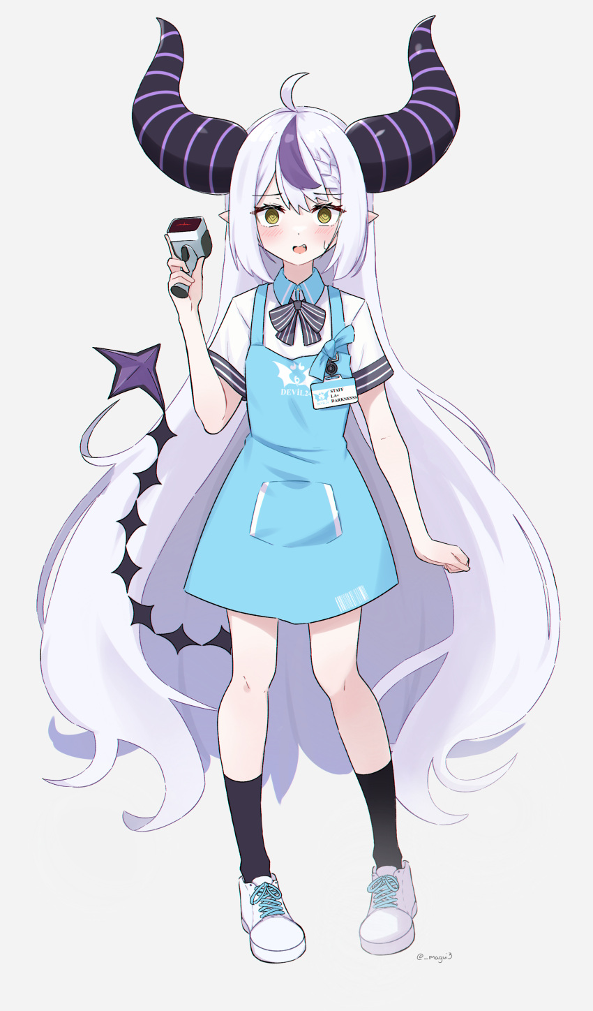 1girl @_@ absurdres ahoge angel's_24_uniform_(blue_archive) apron aqua_apron barcode_scanner black_bow black_bowtie black_socks blue_apron blue_archive bow bowtie braid braided_bangs demon_girl demon_horns demon_tail english_commentary fang full_body grey_hair highres holding_scanner hololive horns id_card la+_darknesss long_hair looking_at_viewer magui3 multicolored_hair open_mouth pointy_ears purple_hair purple_horns shirt shoes short_sleeves simple_background socks solo standing streaked_hair striped striped_bow striped_bowtie striped_horns tail very_long_hair virtual_youtuber white_background white_footwear white_shirt yellow_eyes