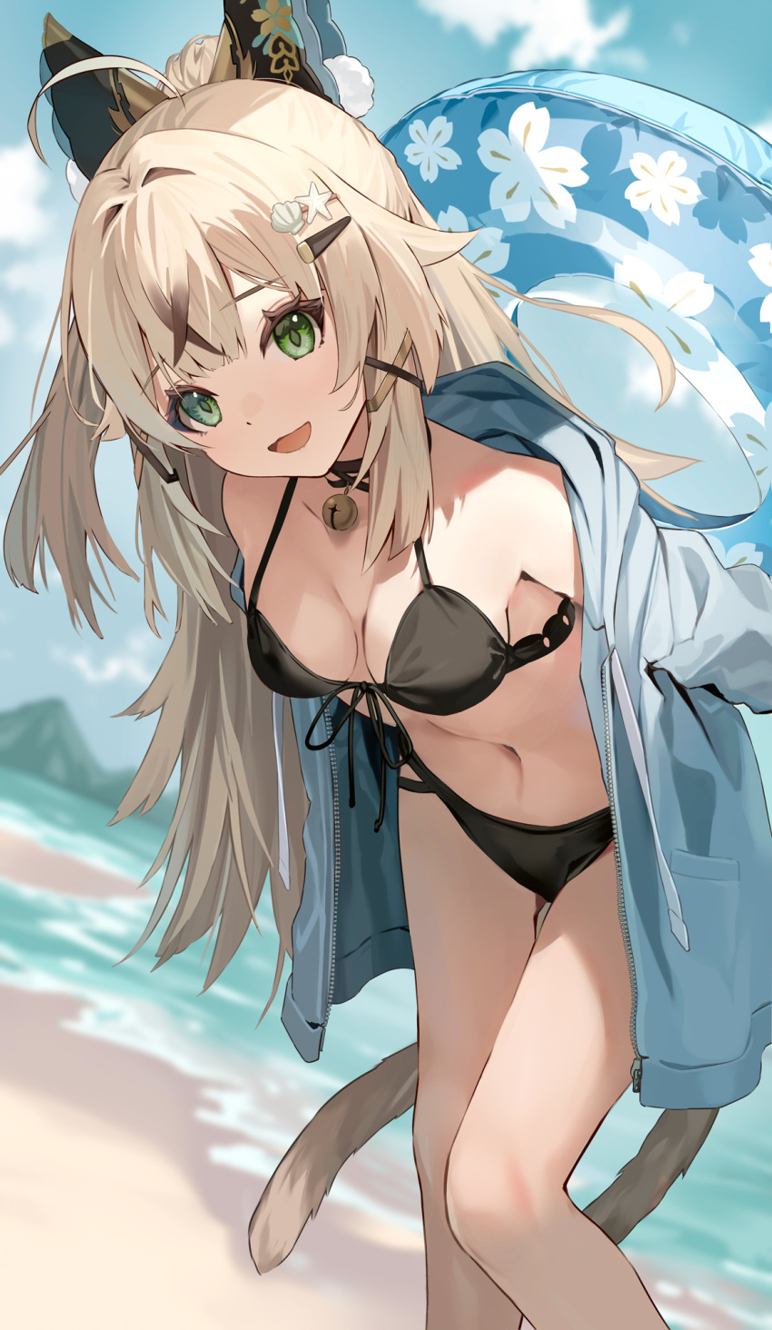 1girl ahoge animal_ears bare_shoulders beach bell bikini black_bikini blue_jacket blue_sky blush breasts cat_ears cat_girl cat_tail choker cleavage collarbone genshin_impact green_eyes hair_ornament hairclip high_ponytail highres innertube jacket jingle_bell kirara_(genshin_impact) leaning_forward light_brown_hair long_hair long_sleeves looking_at_viewer medium_breasts motto_(night_wear) multiple_tails navel off_shoulder open_clothes open_jacket open_mouth shore sidelocks sky slit_pupils smile solo swimsuit tail tassel thighs two_tails