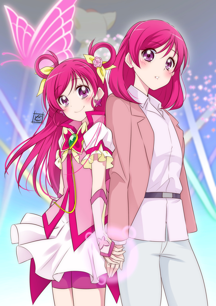 2girls absurdres artist_logo back-to-back back_bow bike_shorts bike_shorts_under_skirt blazer blouse blurry blurry_background bow bug butterfly butterfly_brooch butterfly_earrings closed_mouth coco_(yes!_precure_5) collared_shirt commentary_request cure_dream depth_of_field earrings frilled_sleeves frills gloves glowing_butterfly hair_ribbon half_gloves highres holding_hands jacket jewelry kibou_no_chikara_~otona_precure_'23~ light_particles light_rays long_hair looking_at_viewer magical_girl medium_hair miniskirt multiple_girls pants parted_lips partial_commentary pink_bow pink_hair pink_jacket pink_shorts popped_collar precure puffy_short_sleeves puffy_sleeves purple_eyes ribbon shirt short_sleeves shorts skirt smile standing time_paradox two_side_up white_gloves white_pants white_shirt white_skirt yellow_ribbon yes!_precure_5 yes!_precure_5_gogo! yumehara_nozomi zero-theme