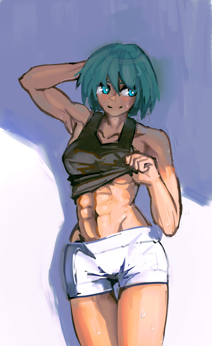 1girl abs absurdres blue_eyes blue_hair bob_cut breasts danboii highres looking_to_the_side muscular muscular_female sei_asagiri shadow shorts solo sweat tank_top toned underboob va-11_hall-a