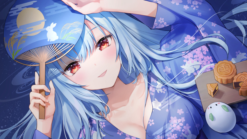1girl animal_print blue_hair blush breasts character_request chinese_commentary chocofox cleavage commentary_request floral_print floral_print_kimono hand_fan hands_up highres light_brown_hair looking_at_viewer lying on_back open_mouth rabbit_print red_eyes smile snow_rabbit solo virtual_youtuber