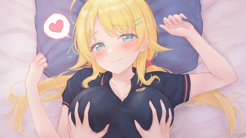 1boy 1girl ahoge blonde_hair blush breasts cleavage collarbone gameso grabbing grabbing_another's_breast hachimiya_meguru hair_spread_out heart hetero highres idolmaster idolmaster_shiny_colors large_breasts looking_at_viewer lying on_back pov pov_hands smile solo_focus spoken_heart twintails upper_body