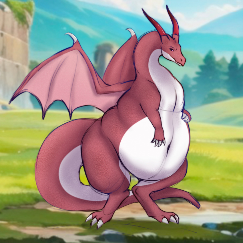 belly big_belly detailed_background digital_media_(artwork) dragon feral hi_res huge_belly male markings nneru_em obese obese_feral obese_male outside overweight overweight_feral overweight_male red_body solo tail tail_markings wings