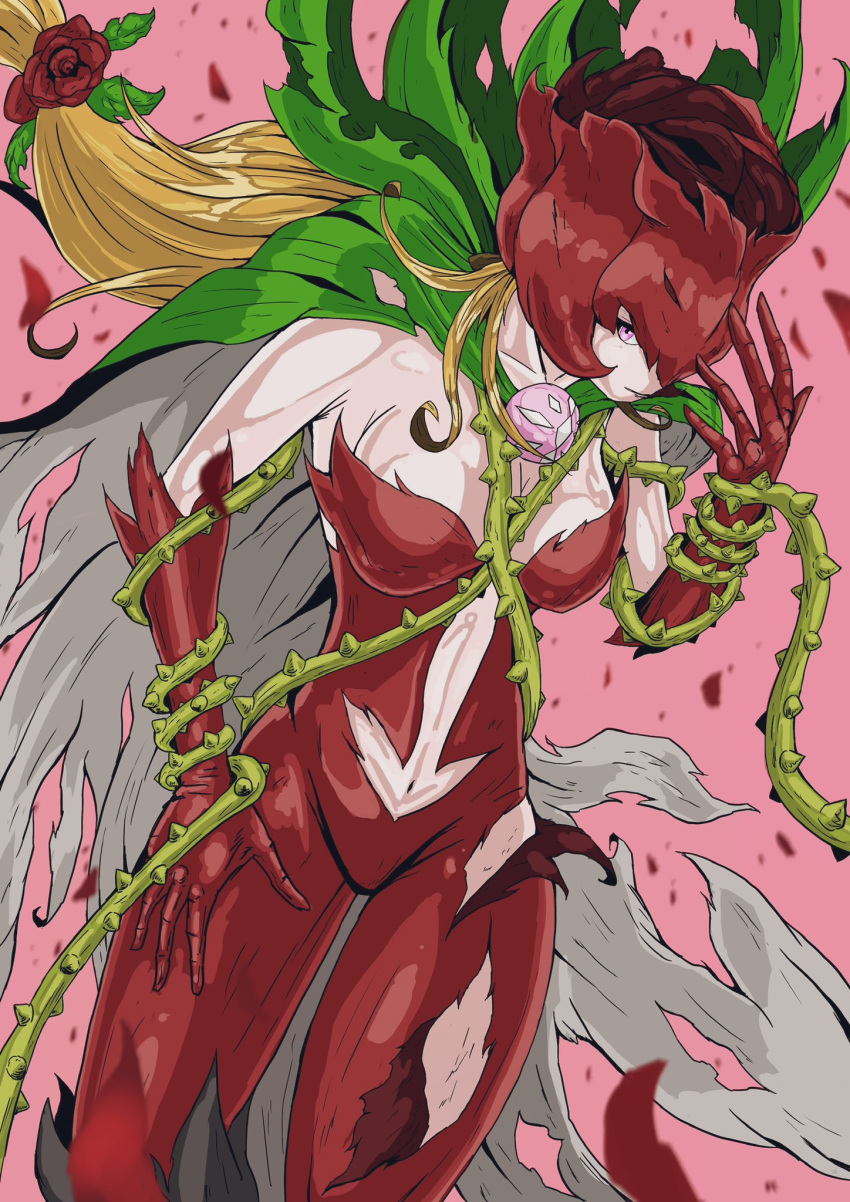 1girl between_breasts blonde_hair bodysuit boots breasts brooch cape cleavage clothing_cutout collarbone commentary cowboy_shot digimon digimon_(creature) elbow_gloves flower gloves green_cape hair_flower hair_ornament hand_up highres jewelry long_hair looking_at_viewer low-tied_long_hair medium_breasts navel navel_cutout pink_background plant red_bodysuit red_flower red_gloves red_rose rose rosemon sawa_d simple_background solo standing thigh_boots thorns torn_bodysuit torn_boots torn_cape torn_clothes vine_whip vines whip