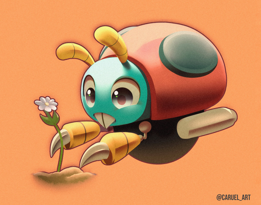 antennae blue_armor bug caruel_art claws exhaust_pipe fangs flower grey_eyes highres moto_bug no_humans non-humanoid_robot orange_background red_armor robot robot_animal simple_background sonic_(series) wheel yellow_armor