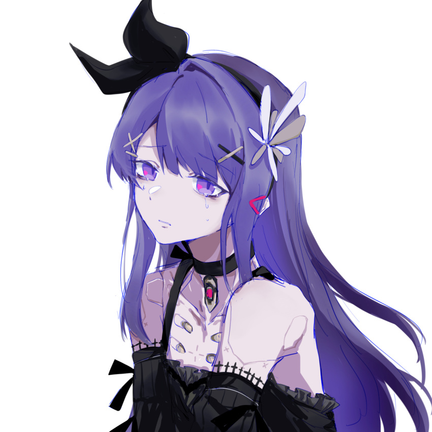 1boy bare_shoulders beizhi black_choker black_dress black_hairband chinese_commentary choker commentary crying crying_with_eyes_open detached_sleeves dress flower flower_hairband hair_flower hair_ornament hairband hairclip highres lithos_(punishing:_gray_raven) long_hair mechanical_parts otoko_no_ko parted_lips punishing:_gray_raven purple_eyes purple_hair solo tears triangle_hair_ornament white_background x_hair_ornament