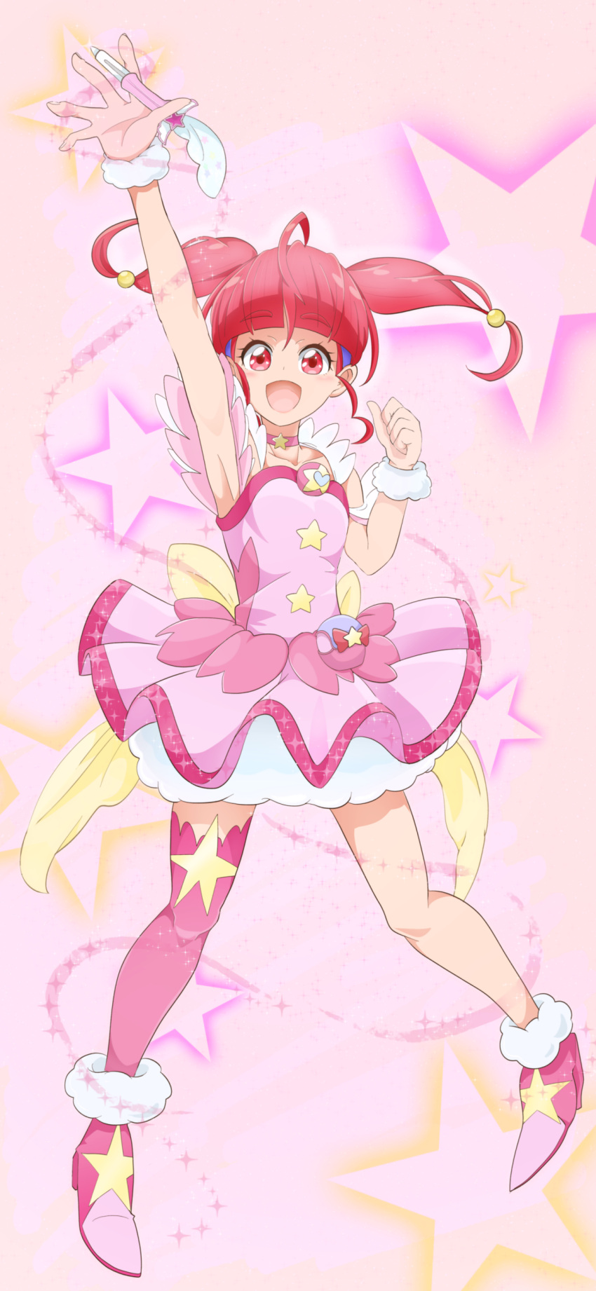 1girl :d absurdres ahoge arm_up back_bow blunt_bangs bow brooch choker cure_star dress full_body fur-trimmed_footwear fur_cuffs hair_bobbles hair_ornament high_heels highres holding holding_pen hoshina_hikaru jewelry long_hair looking_at_viewer magical_girl medium_hair mochi_curry open_mouth pen pink_choker pink_dress pink_eyes pink_footwear pink_hair pink_thighhighs pouch precure short_dress single_thighhigh sleeveless sleeveless_dress smile solo standing star_(symbol) star_brooch star_choker star_color_pen star_twinkle_precure starry_background thighhighs yellow_bow