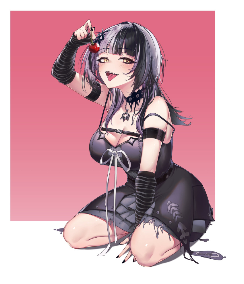 1girl absurdres arm_between_legs arm_strap belt black_belt black_choker black_dress black_hair black_nails breasts cherry chest_belt choker cleavage commentary dress fang fingernails food fruit grey_hair hand_on_floor highres holding holding_food holding_fruit hololive hololive_english jellen_aura lace lace-trimmed_choker lace_choker lace_trim large_breasts layered_dress long_hair looking_at_viewer multicolored_hair nail_polish open_mouth pink_background seiza shiori_novella sitting sleeveless sleeveless_dress solo split-color_hair strap_slip striped_arm_warmers symbol-only_commentary teeth tongue tongue_out two-tone_background two-tone_hair virtual_youtuber white_background yellow_eyes