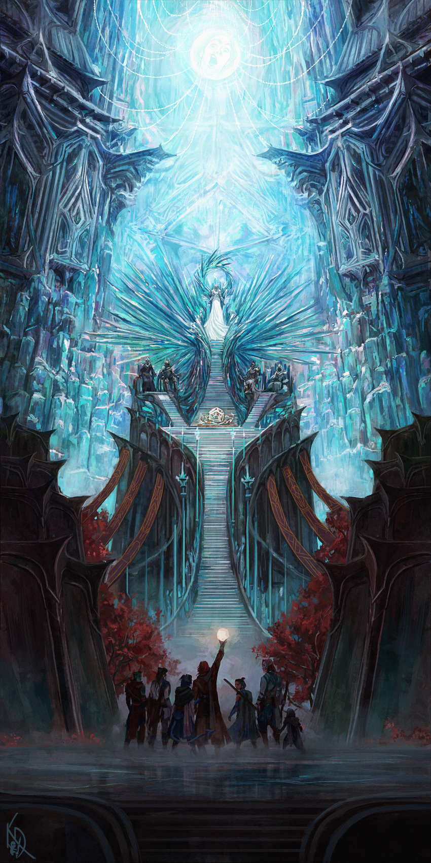 absurdres arch architecture arm_up critical_role crystal dress english_commentary fantasy hanging_light highres idrawbagman indoors orb people pillar scenery signature sitting thread throne throne_room tree weapon weapon_on_back white_dress wide_shot