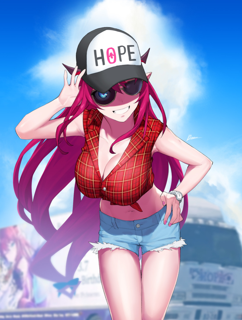 1girl blue_eyes breasts cleavage cloud dasdokter denim denim_shorts hat highres hololive hololive_english horns irys_(hololive) long_hair looking_at_viewer midriff motor_vehicle navel outdoors plaid plaid_skirt pointy_ears purple_hair semi_truck shirt short_shorts short_sleeves shorts skirt smile solo sunglasses tied_shirt trailer truck virtual_youtuber watch wristwatch