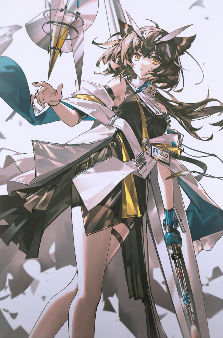1girl arknights armpits black_dress blue_gloves bracelet bright_pupils brown_hair coat commentary dress drone feather_hair frown gloves gradient_background grey_background highres holding holding_weapon id_card jewelry libuqilai looking_at_viewer owl_ears owl_girl ponytail rhine_lab_logo silence_(arknights) silence_the_paradigmatic_(arknights) simple_background solo thighhighs weapon white_coat white_pupils white_thighhighs yellow_eyes