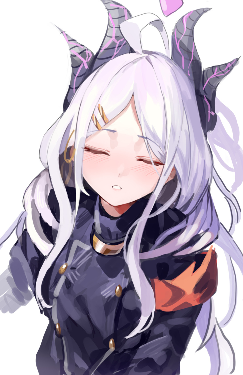 1girl ahoge black_coat black_horns blue_archive blush closed_eyes coat demon_horns ggab0621 highres hina_(blue_archive) horns long_hair long_sleeves military_uniform multiple_horns open_mouth parted_bangs simple_background solo uniform upper_body very_long_hair white_background white_hair