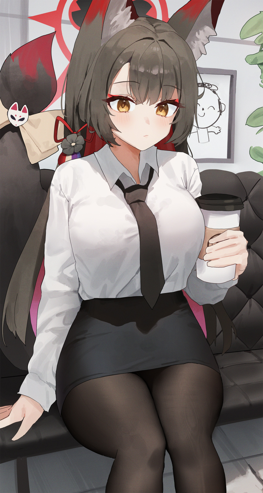 1girl absurdres animal_ears arona's_sensei_doodle_(blue_archive) black_hair black_necktie black_pantyhose blue_archive blush breasts closed_mouth coffee_cup collared_shirt colored_inner_hair cup disposable_cup eyeshadow fox_ears fox_tail halo highres holding holding_cup large_breasts long_hair makeup multicolored_hair necktie pantyhose red_eyeshadow red_hair red_halo sensei_(blue_archive) seya_(sseya33) shirt sitting solo tail wakamo_(blue_archive) white_shirt yellow_eyes