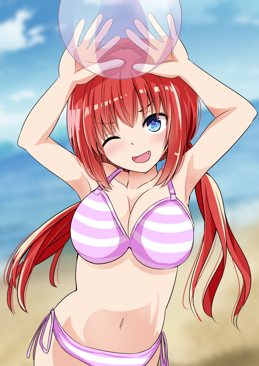 1girl ;d absurdres arms_up ball bare_arms beach beachball bikini blue_eyes blurry blurry_background breasts cleavage collarbone commentary_request curvy day eyelashes fang gabriel_dropout hair_between_eyes head_tilt highres holding holding_ball holding_beachball izuminomitsuba large_breasts long_hair looking_up low_twintails navel ocean one_eye_closed open_mouth outdoors purple_bikini red_hair satanichia_kurumizawa_mcdowell side-tie_bikini_bottom sidelocks smile solo standing striped striped_bikini swimsuit twintails upper_body upturned_eyes v-shaped_eyebrows very_long_hair