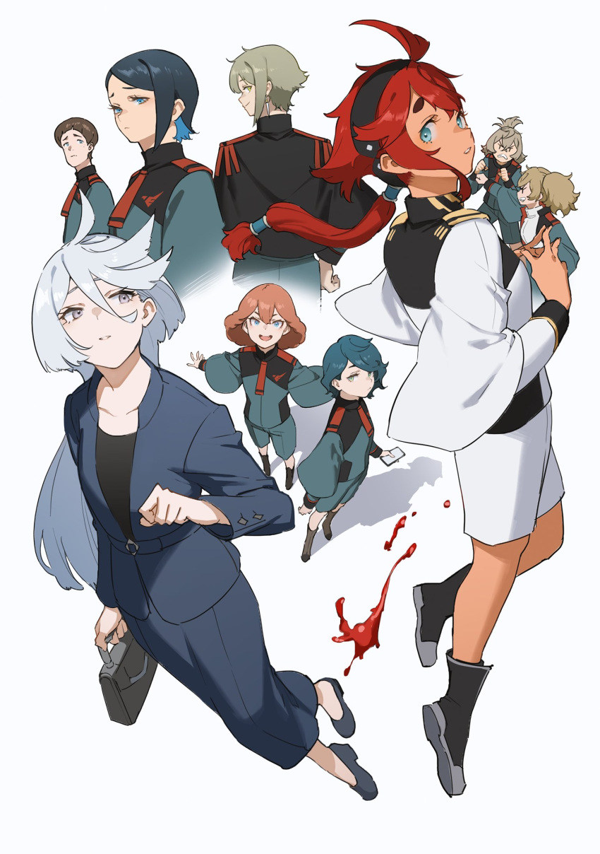2boys 6+girls ahoge angry asticassia_school_uniform asymmetrical_shorts black_hair blood blue_eyes brown_eyes brown_hair business_suit capelet elan_ceres felsi_rollo formal full_body grey_eyes gundam gundam_suisei_no_majo hairband highres long_hair martin_upmont miorine_rembran mogumo multiple_boys multiple_girls nika_nanaura norea_du_noc office_lady official_art parted_lips ponytail red_hair renee_costa school_uniform short_hair simple_background skirt skirt_suit sophie_pulone spoilers suit suletta_mercury thick_eyebrows white_background white_hair
