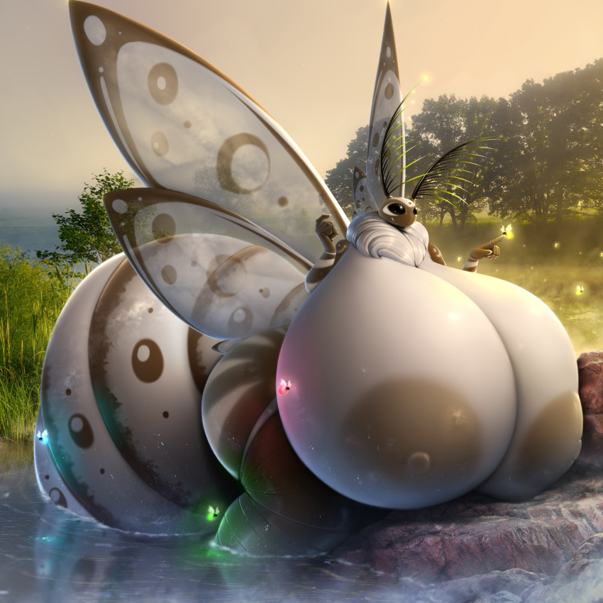 4_wings absurd_res antennae_(anatomy) anthro areola arthropod arthropod_abdomen big_breasts big_butt black_eyes breasts butt clothed clothing drakonst female grass hi_res huge_breasts hyper hyper_breasts insect leaning leaning_forward legs_in_water legwear lepidopteran looking_away macro moth mouthless multi_wing multicolored_body neck_tuft nipples noseless outside partially_submerged plant rock sky small_head solo thick_thighs topless translucent translucent_wings tree tuft water water_drop wings