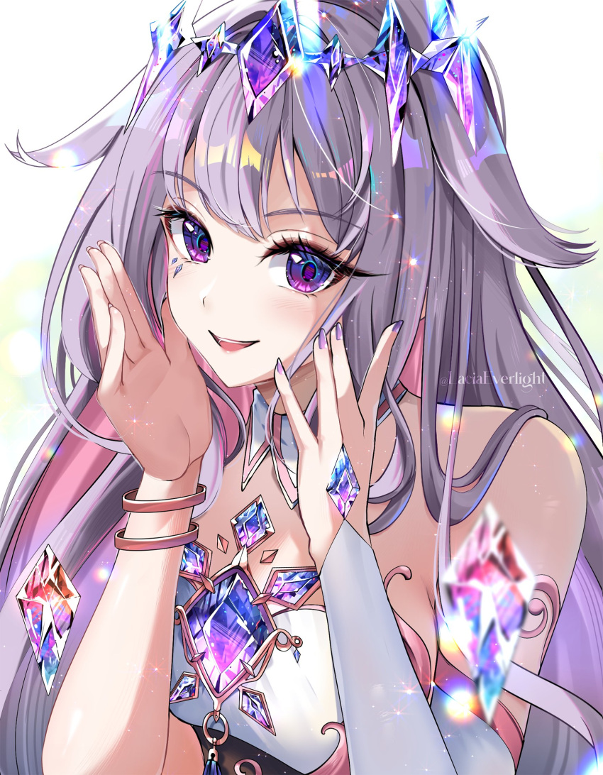 1girl breasts bridal_gauntlets collar colored_inner_hair detached_collar dress grey_hair highres hololive hololive_english koseki_bijou lacia_everlight long_hair looking_at_viewer multicolored_hair nail_polish open_mouth pink_hair purple_eyes purple_nails single_bridal_gauntlet small_breasts smile solo teeth upper_teeth_only virtual_youtuber white_bridal_gauntlets white_collar white_dress