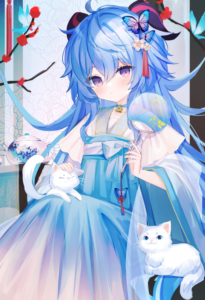 1girl absurdres alternate_hairstyle blue_dress blue_hair blush butterfly_hair_ornament cat chinese_clothes dress flower ganyu_(genshin_impact) genshin_impact hair_ornament hand_fan hanfu highres long_hair looking_at_viewer purple_eyes red_flower shouu-kun sitting very_long_hair