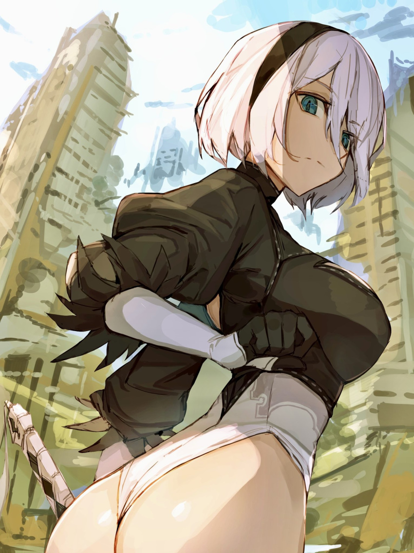 1girl ass back_cutout black_gloves black_hairband blue_eyes blue_sky breasts building closed_mouth clothing_cutout cloud cloudy_sky commentary feather-trimmed_sleeves gloves hair_between_eyes hairband highleg highleg_leotard highres juliet_sleeves large_breasts leotard long_sleeves looking_at_viewer looking_to_the_side nasubin_(nasubisamurai15) nier:automata nier_(series) outdoors puffy_sleeves short_hair sky solo turtleneck_leotard upper_body white_hair white_leotard yorha_no._2_type_b