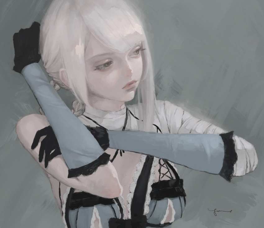 12yun30 1girl bandaged_arm bandaged_neck bandages black_gloves braided_hair_rings breasts expressionless gloves grey_background grey_eyes highres kaine_(nier) looking_to_the_side medium_breasts negligee nier nier_(series) simple_background solo upper_body white_hair