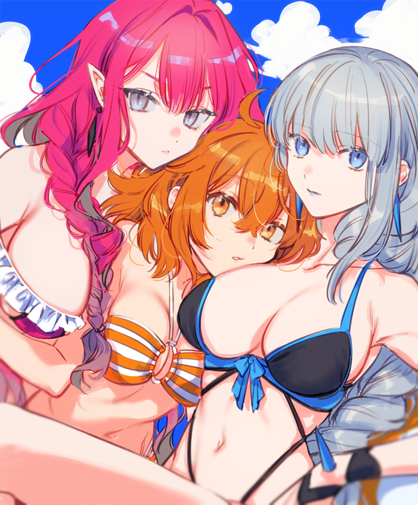 3girls ahoge baobhan_sith_(fate) bikini black_bikini blue_eyes braid breasts cleavage closed_mouth commentary_request fate/grand_order fate_(series) frilled_bikini frills fujimaru_ritsuka_(female) fujimaru_ritsuka_(female)_(brilliant_summer) grey_eyes highres large_breasts long_hair looking_at_viewer medium_breasts morgan_le_fay_(fate) mother_and_daughter multiple_girls navel orange_eyes orange_hair outdoors pink_hair pointy_ears revision sidelocks striped striped_bikini swimsuit teeth uni_(nico02)