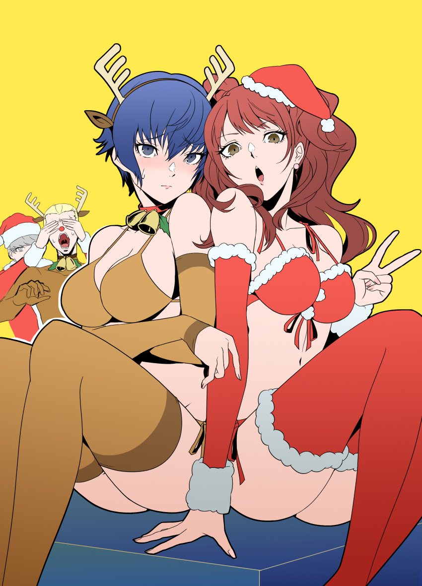 2boys 2girls absurdres antlers arms_under_breasts bell bikini blonde_hair blue_hair blush breasts closed_mouth commentary covering_own_eyes embarrassed feet_out_of_frame fur-trimmed_bikini_top fur-trimmed_thighhighs fur_trim grey_hair hat highres igusaharu kujikawa_rise large_breasts legs long_hair looking_at_viewer multiple_boys multiple_girls narukami_yuu navel open_mouth persona persona_4 red_hair reindeer_antlers santa_hat shirogane_naoto short_hair side-tie_bikini_bottom sitting swept_bangs swimsuit symbol-only_commentary tatsumi_kanji thighhighs thighs v yellow_background