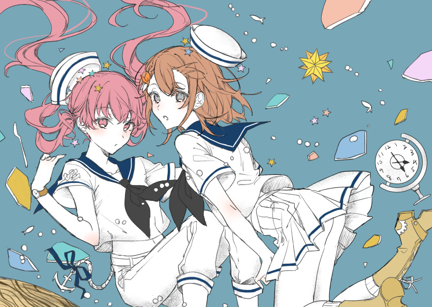 2girls anchor blue_background blue_sailor_collar blush boots brown_footwear brown_hair colored_skin fish floating_hair grey_eyes hanasato_minori hat highres long_hair looking_at_viewer marshmary_(vocaloid) momoi_airi multiple_girls pants parted_lips pink_eyes pink_hair pleated_skirt project_sekai prsk112277 sailor_collar sailor_hat shirt short_sleeves skirt underwater very_long_hair watch white_headwear white_pants white_shirt white_skin white_skirt wristwatch