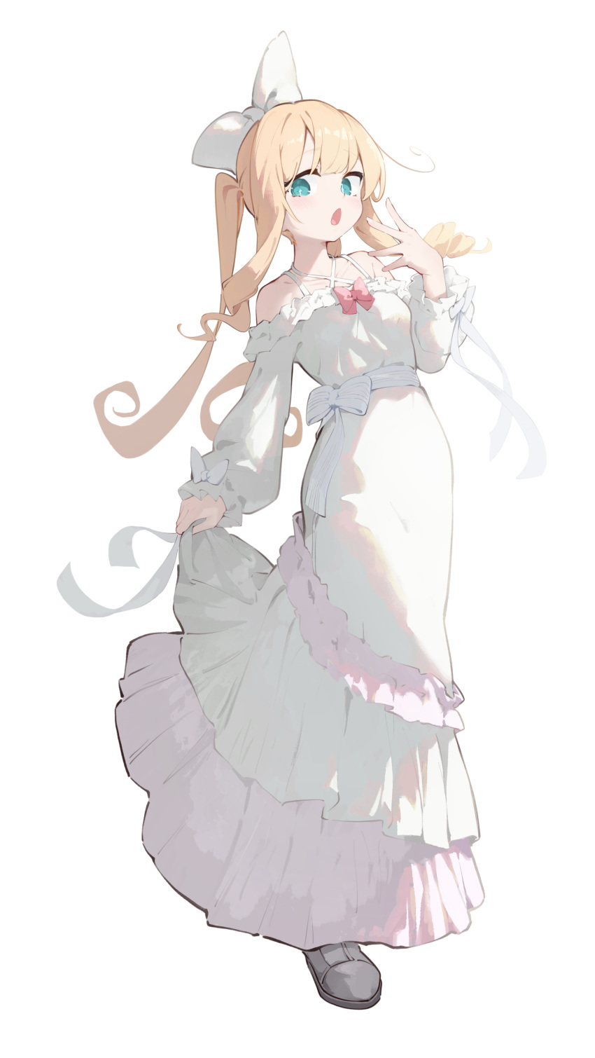 1girl absurdres bare_shoulders blonde_hair blue_eyes bow dress frilled_dress frills full_body grey_footwear hair_bow highres long_hair long_sleeves looking_at_viewer mishuo_(misuo69421) off-shoulder_dress off_shoulder original parted_lips puffy_long_sleeves puffy_sleeves shoes simple_background sleeves_past_wrists solo twintails very_long_hair white_background white_bow white_dress