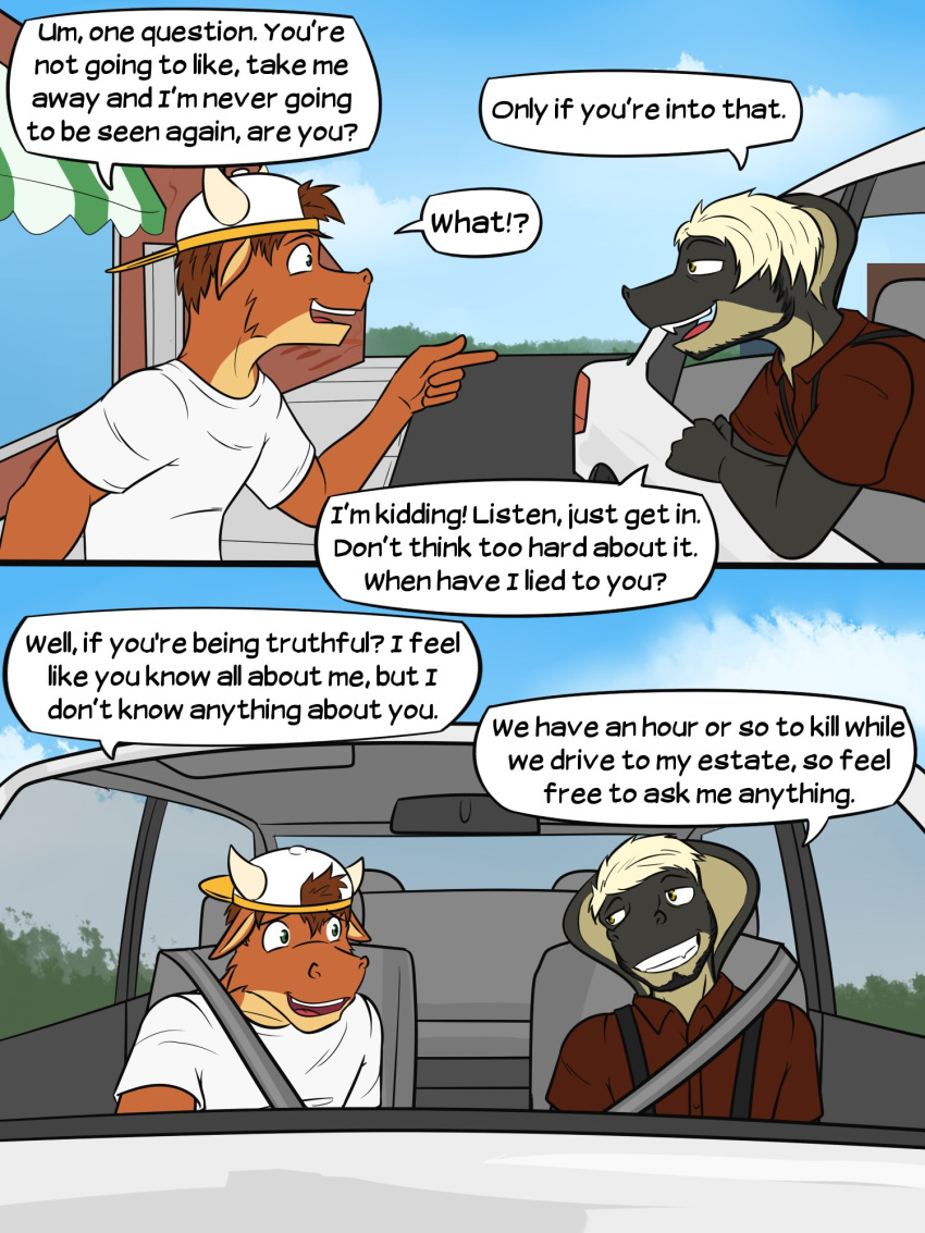 anthro backwards_baseball_cap backwards_hat baseball_cap beard bovid bovine car cattle clothed clothing cobra comic dialogue dress_shirt duo english_text facial_hair fully_clothed furgonomic_headwear furgonomics fuze hat headgear headwear hi_res inside_car male mammal outside percival_(texnatsu) reptile scalie shirt snake street t-shirt texnatsu text topwear ty_conrad vehicle