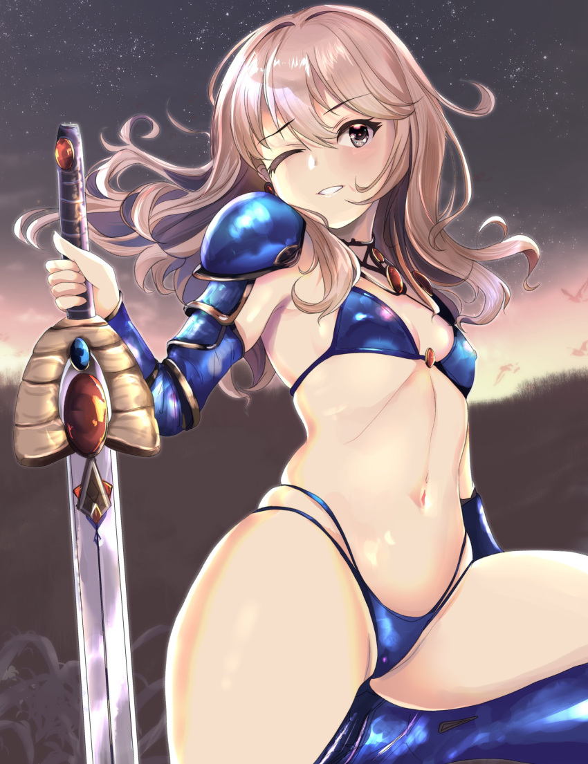 1girl absurdres airport96 alice_gear_aegis armor bikini bikini_armor blue_bikini blue_footwear breasts brown_eyes commentary_request gauntlets gradient_sky highres light_brown_hair long_hair looking_at_viewer multi-strapped_bikini navel parted_lips shoulder_armor sky small_breasts solo star_(sky) starry_sky swimsuit sword weapon yotsuya_yumi