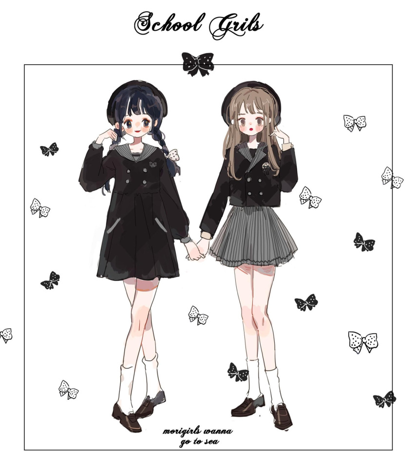2girls ankle_socks black_bow black_eyes black_footwear black_hair black_headwear black_jacket black_skirt blazer blunt_bangs blush_stickers bow bow_print brown_eyes brown_hair buttons collar collared_jacket crossed_legs empty_eyes english_text fashion full_body grey_collar grey_skirt hair_bow hand_in_own_hair hat high-waist_skirt highres holding_hands jacket loafers long_hair long_sleeves looking_at_another looking_at_viewer low_twintails miniskirt multiple_girls open_mouth original polka_dot polka_dot_bow putong_xiao_gou school_uniform shoes skirt smile socks straight_hair striped striped_collar striped_skirt twintails vertical-striped_skirt vertical_stripes white_background white_bow white_socks