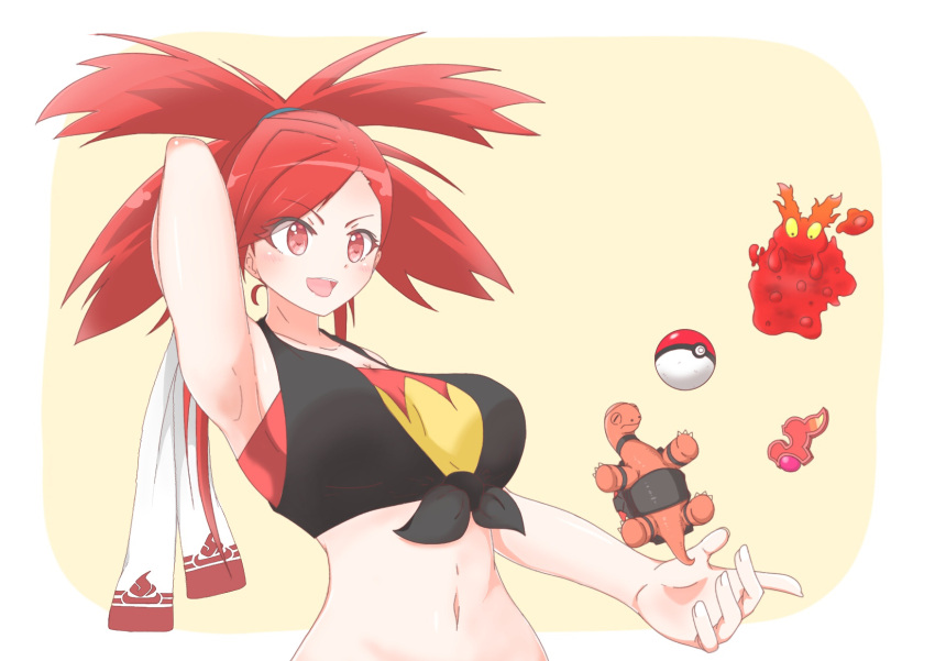 1girl arm_behind_head badge breasts flannery_(pokemon) gym_leader_badge hachimitsu_shitate highres navel open_mouth poke_ball poke_ball_(basic) pokemon pokemon_(creature) pokemon_oras red_eyes red_hair slugma torkoal upper_body