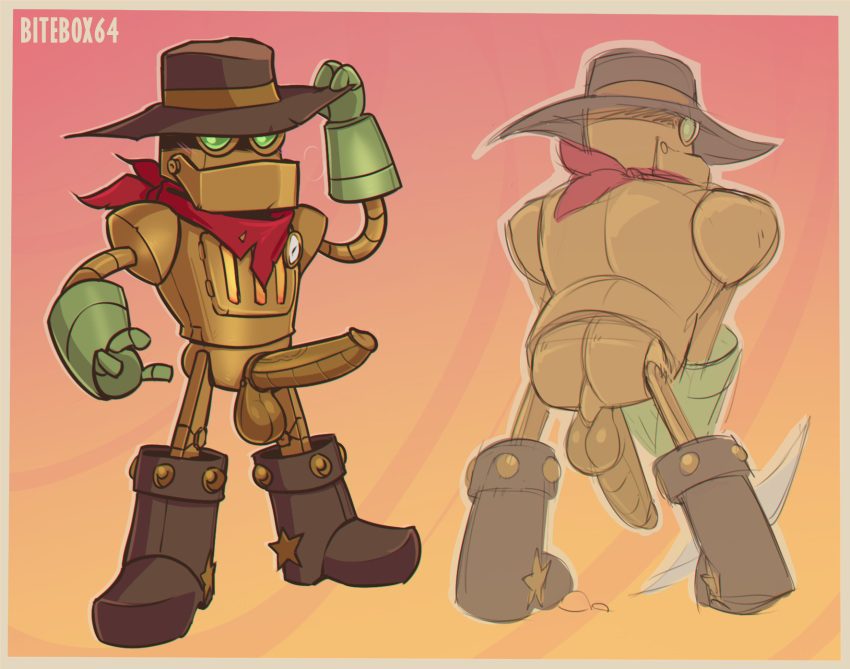 balls bitebox64 clothed clothing cowboy_hat erection genitals hat headgear headwear hi_res machine male partially_clothed penis robot rusty_(steamworld_dig) simple_background solo steamworld_dig