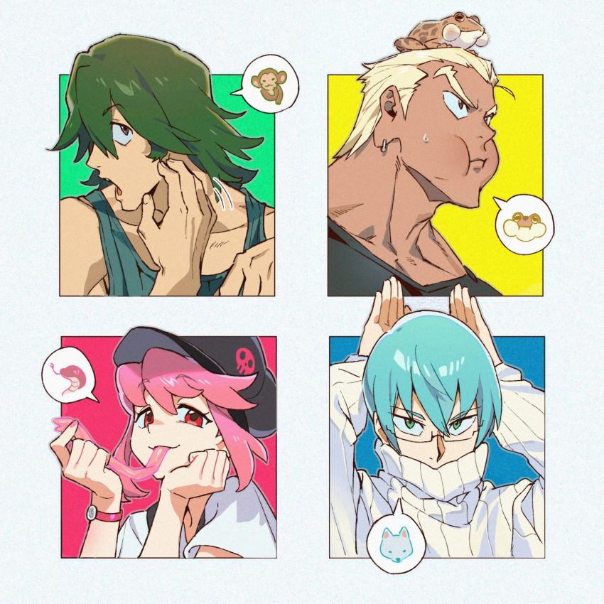 1girl 3boys animal_pose black_shirt blonde_hair blue_hair covered_mouth dark-skinned_male dark_skin earrings frog gamagoori_ira glasses green_eyes green_hair hair_between_eyes hat highres inumuta_houka jakuzure_nonon jewelry kill_la_kill looking_at_viewer monkey multiple_boys pink_eyes pink_hair qin_(7833198) sanageyama_uzu shirt skull_print snake sweater tank_top turtleneck turtleneck_sweater upper_body white_shirt wolf