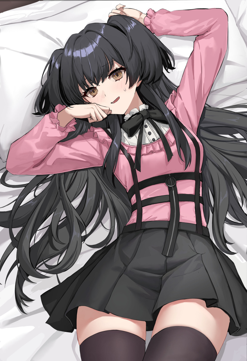 1girl absurdres arm_up black_bow black_hair black_skirt black_thighhighs blunt_bangs blush bow brown_eyes cowboy_shot frilled_shirt frills hair_spread_out hand_up head_tilt highres idolmaster idolmaster_shiny_colors jirai_kei ku_qiao_kujo long_hair long_sleeves looking_at_viewer lying mayuzumi_fuyuko nervous on_back on_bed open_mouth pink_shirt pleated_skirt shirt skirt solo sweatdrop thighhighs two_side_up zettai_ryouiki