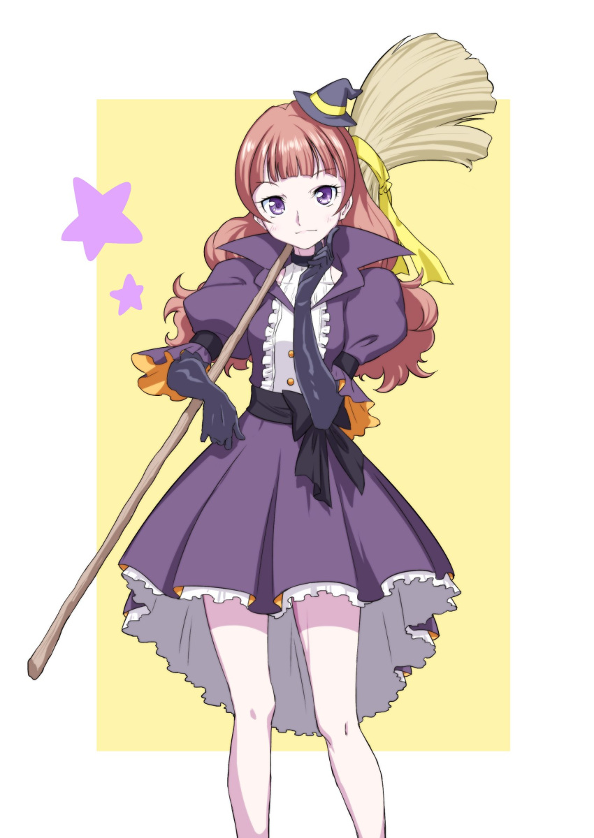 1girl amanogawa_kirara black_gloves broom brown_hair commentary_request dress elbow_gloves eyelashes gloves go!_princess_precure happy hat highres holding holding_broom long_hair looking_at_viewer matatabi_(karukan222) mini_hat mini_witch_hat precure purple_eyes smile solo standing twintails witch witch_hat