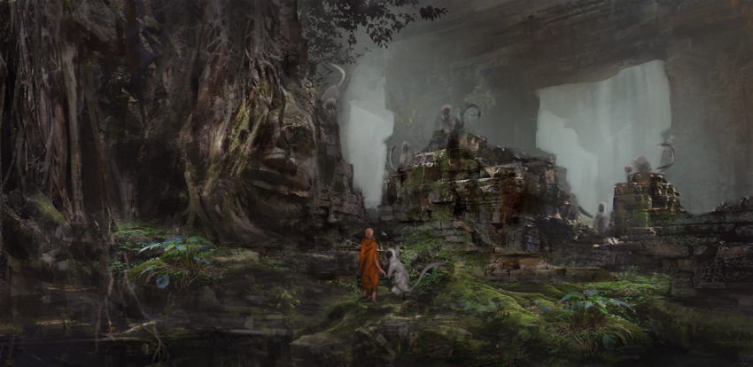 1other bald blue_flower commentary_request flower from_behind haru_akira jungle monk monkey moss nature orange_robe original plant robe ruins scenery standing tree wide_shot